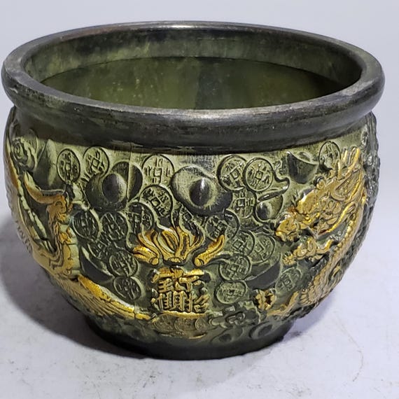 Vintage Brass Carved Dragon Phoenix Jar/ Incense Holder, Fengshui