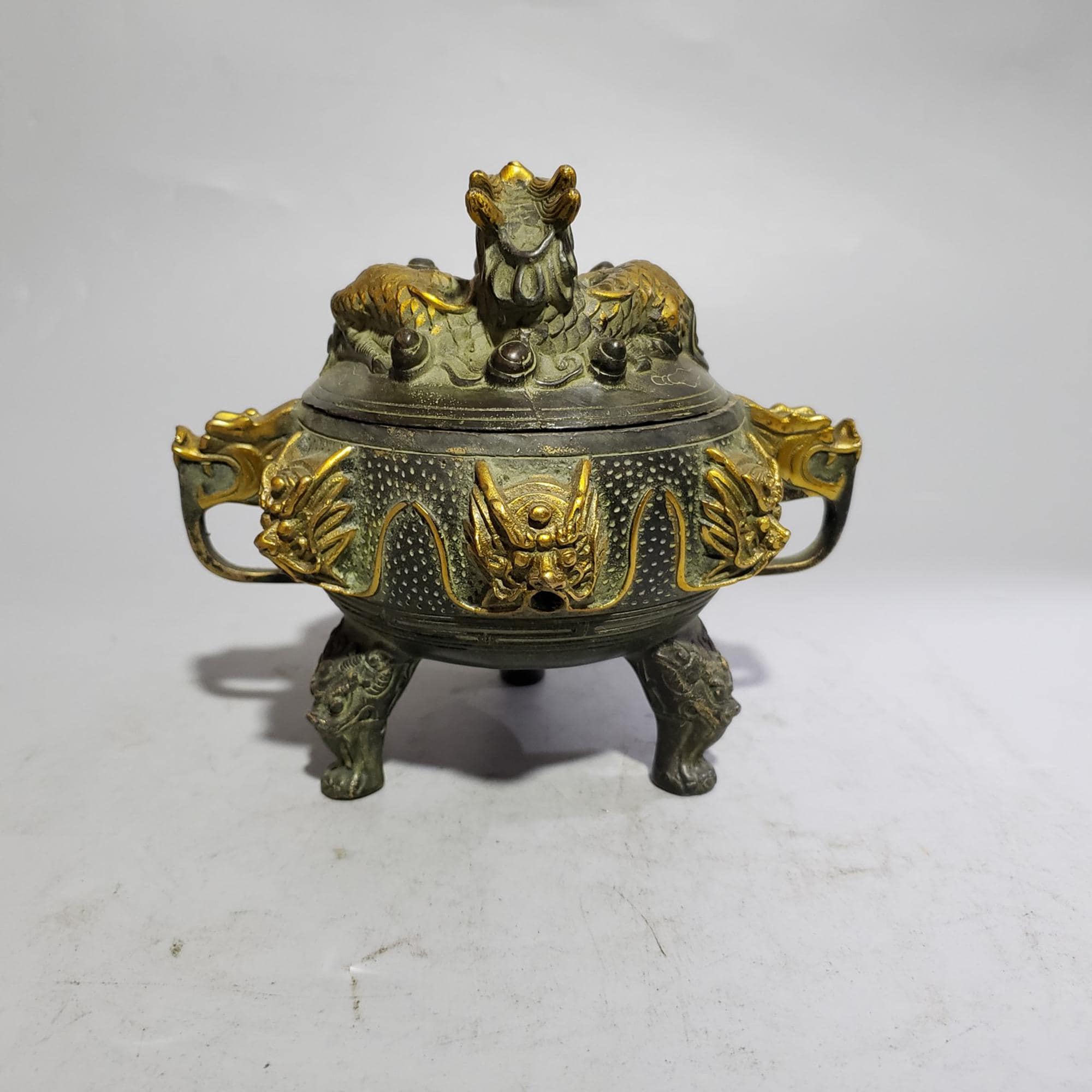 Vintage Brass Carved Nine Dragon Incense Holder -- Fengshui Statue