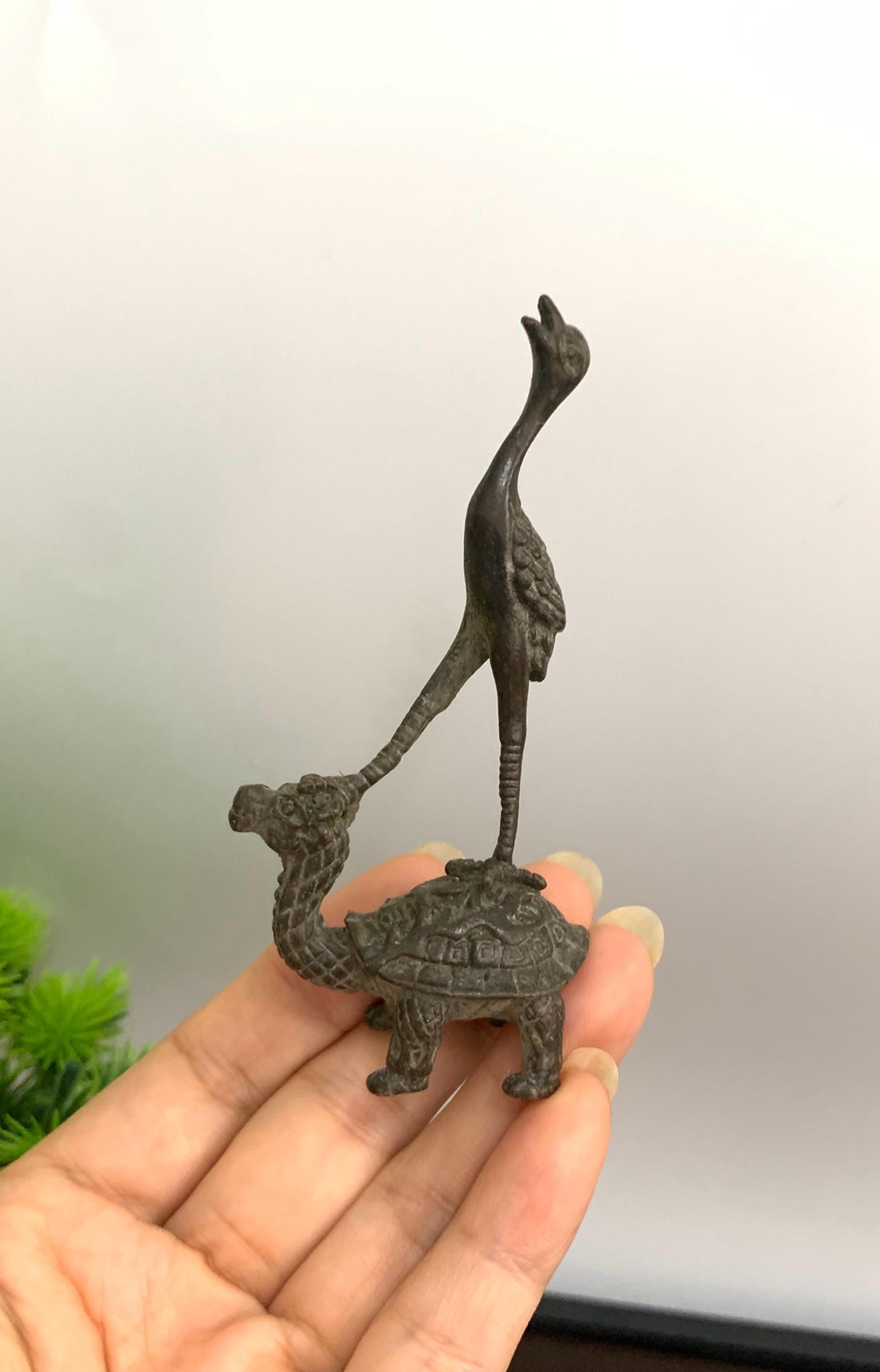 Vintage Bronze Carved Tortoise and Crane Statue, Fengshui Statue