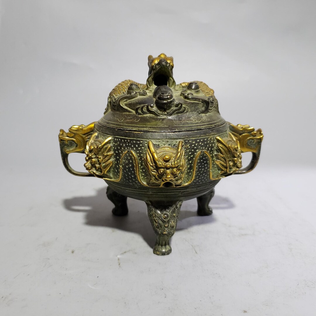 OLD MOUNTAIN × BOTANIZE HIJIRAKU 中古品 Vintage Brass Carved Nine Dragon Incense Holder -- Fengshui Statue
