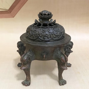 Vintage bronssnidad fembent lotus rökelsehållare, Fengshui-staty