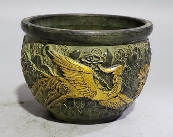 Vintage Brass Carved Dragon Phoenix Jar/ Incense Holder, Fengshui