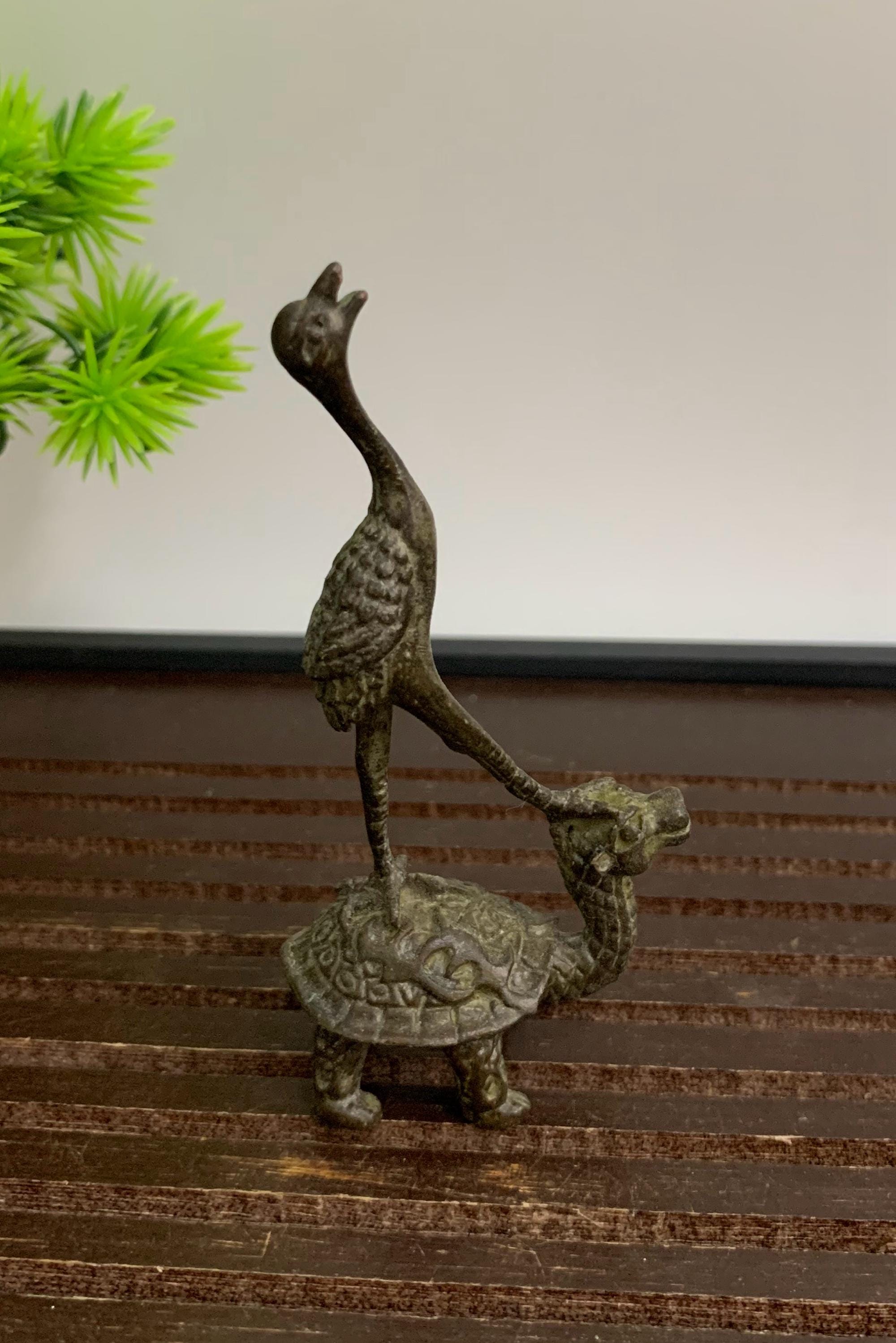 Vintage Bronze Carved Tortoise and Crane Statue, Fengshui Statue