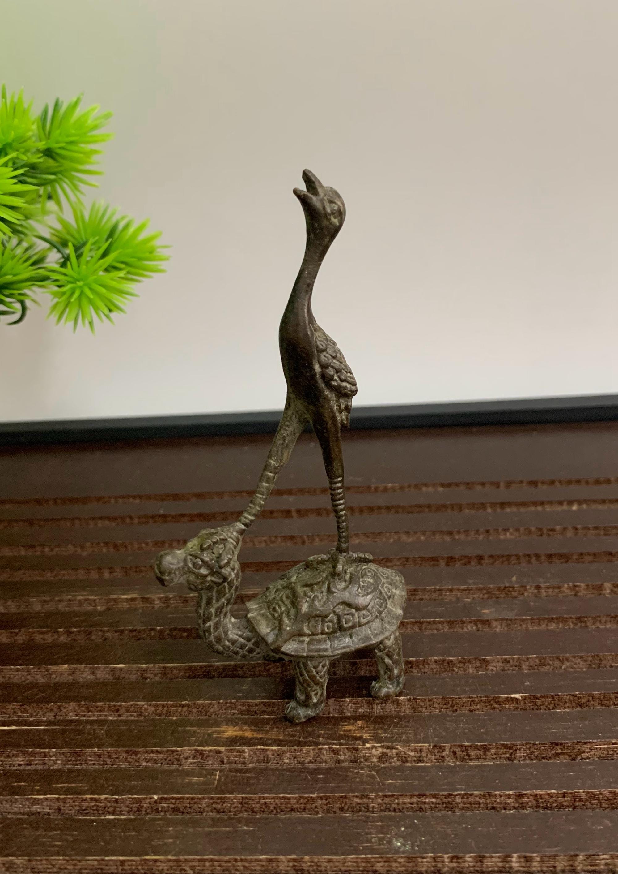 Vintage Bronze Carved Tortoise and Crane Statue, Fengshui Statue