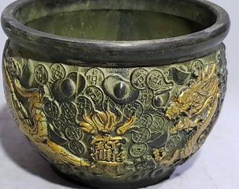 Vintage Brass Carved Dragon Phoenix Jar/ Incense Holder, Fengshui