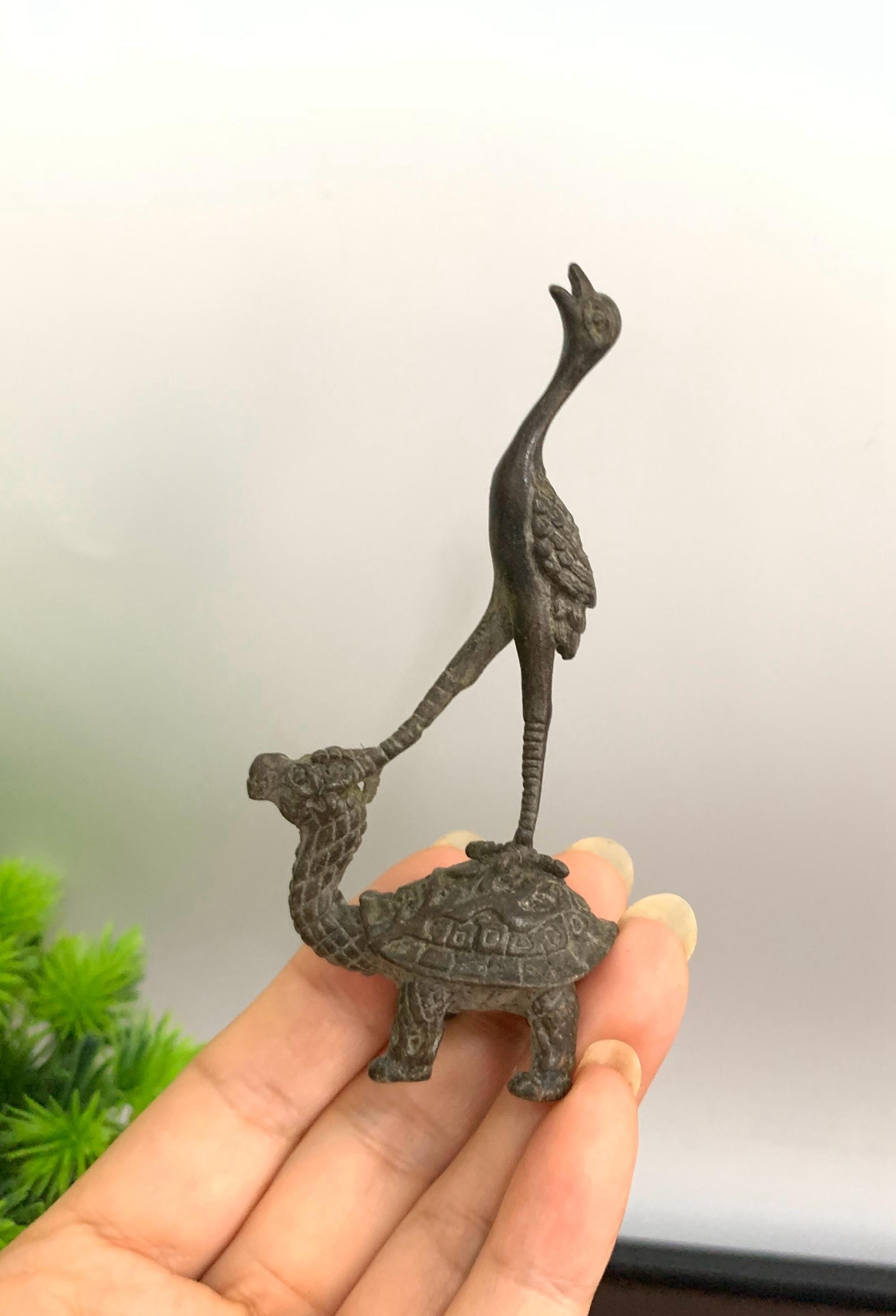 Vintage Bronze Carved Tortoise and Crane Statue, Fengshui Statue
