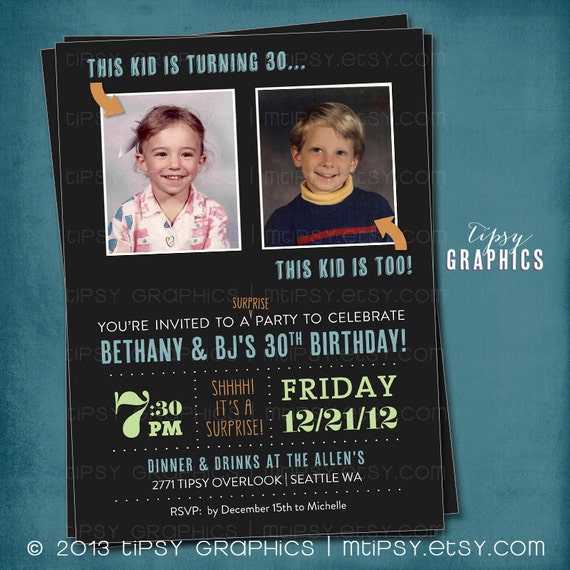 Joint Milestone Surprise Birthday Party Invite. Double Party. Perfect with Old School Baby Photos by Tipsy Graphics. Any ages, any colors Il_570xn