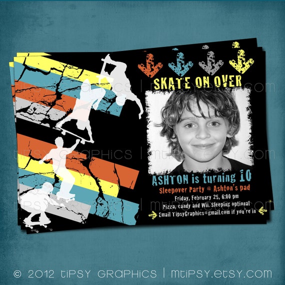 Skate on Over. Super Cool and Edgy Skateboarder Birthday Invite for Big Boys by Tipsy Graphics Il_570xn