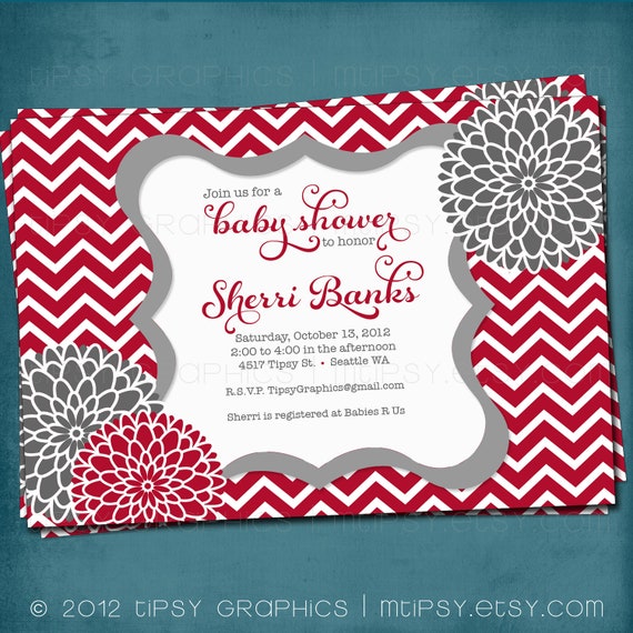 Chevron Mums Baby / Bridal Shower Invite. Red Gray White. Any colors and text. Spa Pom Pom. DiY Printable by Tipsy Graphics. Il_570xn