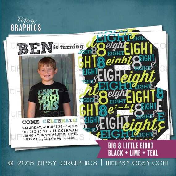 BIG 8 little eight. Modern Typographic Birthday Invite by Tipsy Graphics. Any age, any colors, gender neutral Il_570xn