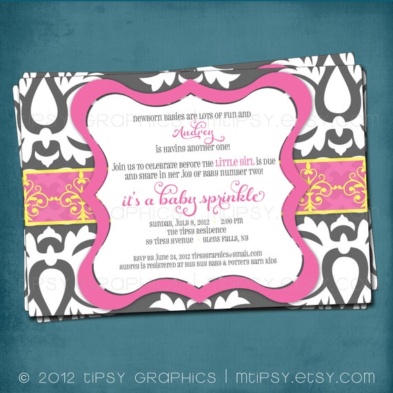 Big Damask Pink Gray Yellow Baby / Bridal Shower Invitation. Any text and colors by Tipsy Graphics Il_570xn