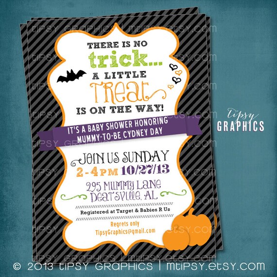 Treat on the Way. Halloween Baby Shower Invitation by Tipsy Graphics. Trick or Treat. Il_570xn