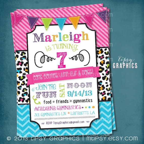 Leopard Gymnastics Birthday Party Invitation. Tumble Jump Flip Cheer Bounce Hot Pink Lime Green Turquoise Teal Orange . by Tipsy Graphics. Il_570xn