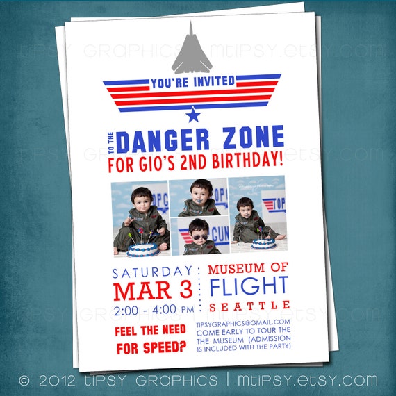 Top Gun Inspired Fighter Jet Birthday Party Invite with Photo by Tipsy Graphics. Any colors and text. Il_570xn