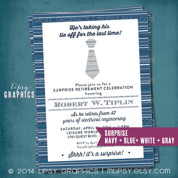 masculine surprise retirement invitation taking off his tie navy