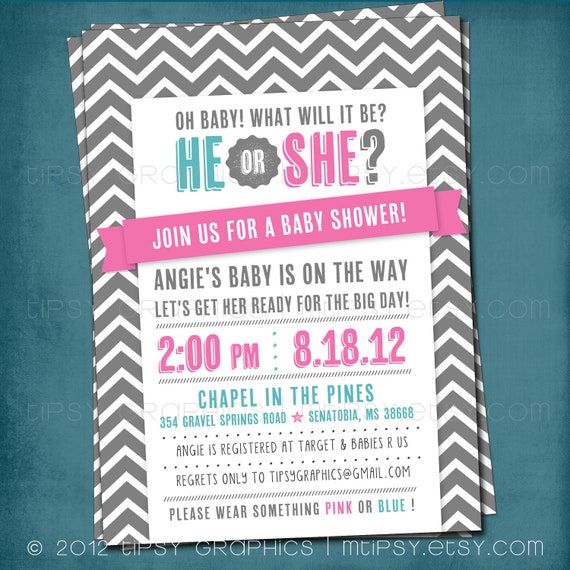 Pink Or Blue He She Chevron Gender Reveal Neutral Baby Pink Or Blue He She Chevron Gender Reveal Neutral Baby Shower Invitation Any Text And Colors By Tipsy Graphics