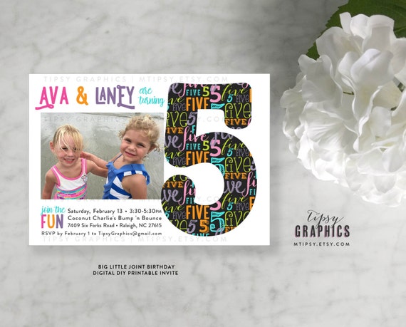 BIG Little. Twins Joint Siblings Bold Graphic & Modern Birthday Invite with Photo by Tipsy Graphics. Any age, any colors. Boys Girls Twins Il_570xn
