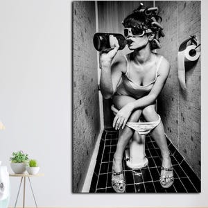Woman in Toilet Drinking Canvas, Funny Girl Sitting on Toilet with Glasses, Popular Now, Famous Wall Art, Fashion Canvas, Canvas Wall Decor