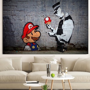 Banksy Super Mario, Banksy Wall Art, Banksy Glass, Banksy Canvas Print, Graffiti Street Canvas Wall Art, Banksy for kids, Pop Art
