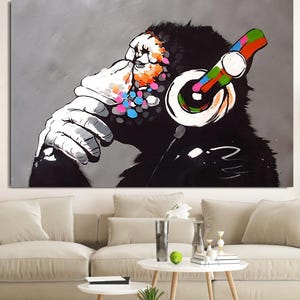 Banksy DJ Monkey, Banksy Wall Art, Banksy Glass, Banksy Canvas Print, Graffiti Street Canvas Wall Art, Banksy for kids, Pop Art
