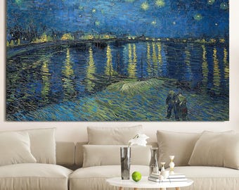 Van Gogh Starry Night Over the Rhone, Van Gogh, Extra Large Wall Art, Tempered glass wall art, Ready to Hang, Canvas Wall Art, Oil Painting