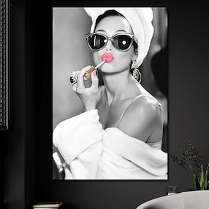 Audrey Hepburn-poster, Audrey Hepburn-make-up, Hepburn-roze lippen, Audrey Hepburn-poster, Audrey Hepburn-kunst aan de muur, pop-art