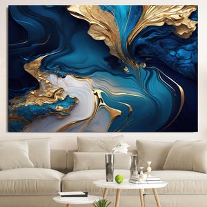 Abstrakte Marine-Blau-Gold-Marmor-Wandkunst, Alkoholtinte Wandkunst, Blaue Marmor-Leinwand-Kunst, extragroße Wandkunst, gehärtetes Glas-Wandkunst