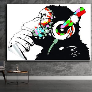 Banksy DJ Monkey, Banksy Wall Art, Banksy Glass, Banksy Canvas Print, Graffiti Street Canvas Wall Art, Banksy for kids, Pop Art