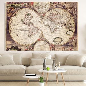 Vintage Weltkarte Wandkunst, Weltkarte Druck, Alte Weltkarte, extra große Wand Kunst Leinwand, gehärtetes Glas Wandkunst, Leinwand Wandkunst