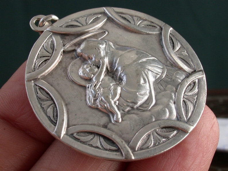 vintage antique art deco victorian sterling silver religious puffy medal charm pendant 2 side heart of Jesus /& st anthony