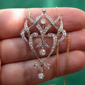 antique vintage deco victorian nouveau 18k gold and platinum genuine diamond and rose cut diamonds pendant pendantif chain pin brooch