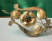 antique vintage victorian nouveau 9k gold rose cut diamond emerald stone lyre harp musical instrument pin brooch pendant micropaym available