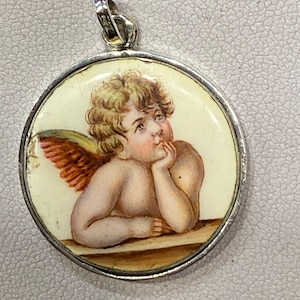 vintage antique art deco victorian sterling silver  enamel guard cherub angel  religious medal charm pendant