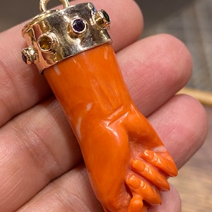 antique vintage deco nouveau victorian lucky charm pendant big 1 7/8&quot; figa hand fist 18k gold genuine red coral amulet stones micro paym ava