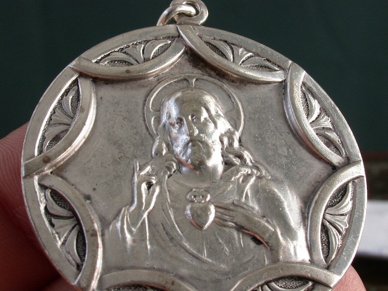 vintage antique art deco victorian sterling silver religious puffy medal charm pendant 2 side heart of Jesus /& st anthony