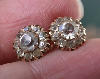 vintage antique deco 12k light gold paste stones daisy flower stud with screw earrings