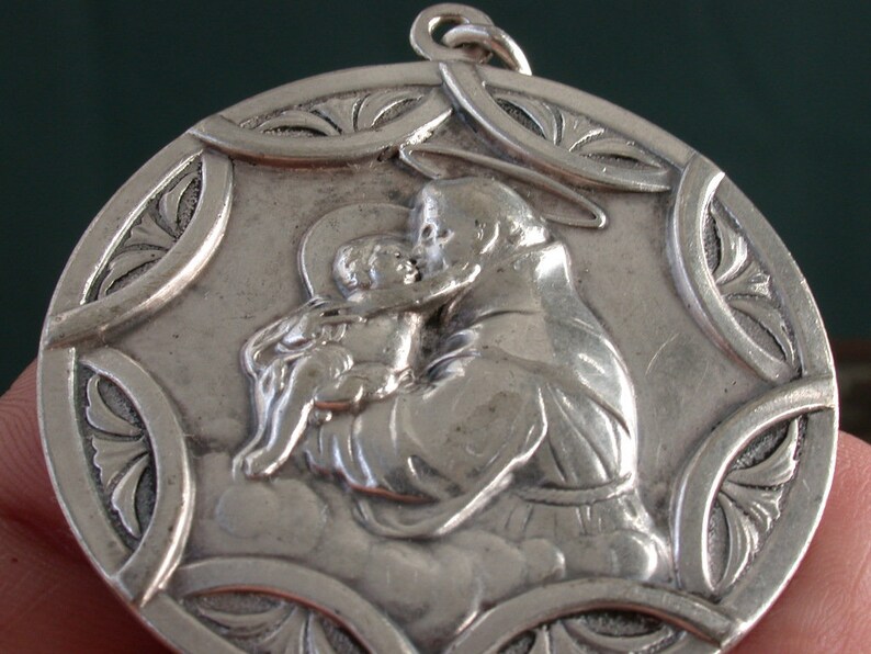 vintage antique art deco victorian sterling silver religious puffy medal charm pendant 2 side heart of Jesus /& st anthony