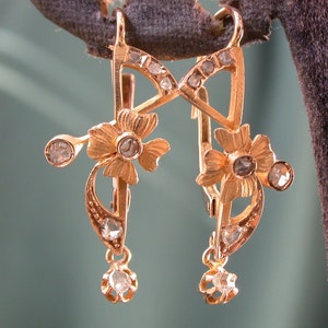 Orecchini antichi vintage vittoriani in oro 14k con 14 diamanti taglio rosa autentici, chiusura a leva, micro pagamento disponibile