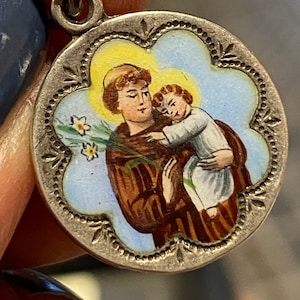 vintage antique art deco victorian sterling silver  enamel St Anthony religious medal charm pendant