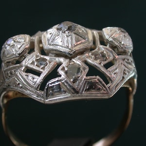 antique vintage deco 18k gold sterling silver 3 genuine  diamonds + 6 rose cut diamonds BIG ring free resize, micro-payment available