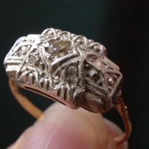 antique vintage art deco 18k gold sterling silver  5 genuine  diamonds ring free resize, micro-payment available upon request