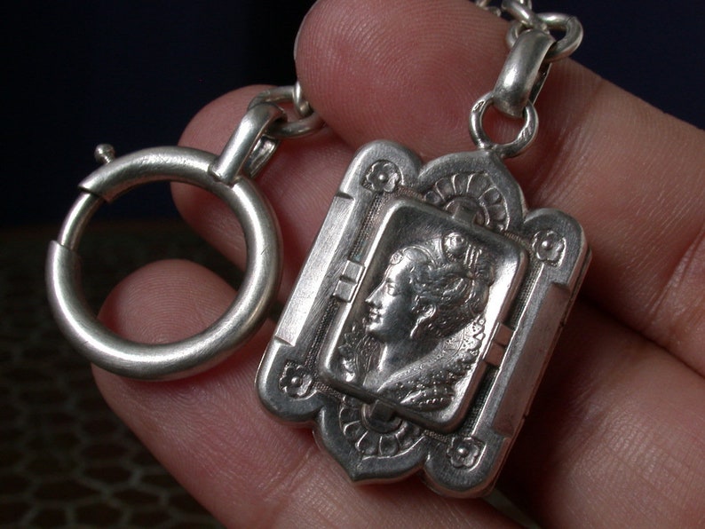 vintage antique deco victorian nouveau fob chatelaine key chain photo locket medal pendant with chain spring sterling silver french punch