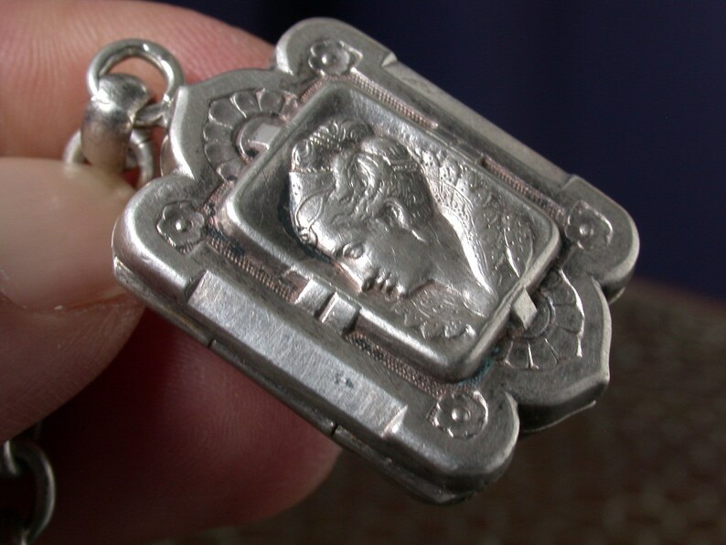vintage antique deco victorian nouveau fob chatelaine key chain photo locket medal pendant with chain spring sterling silver french punch
