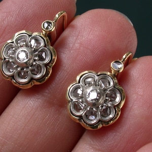 antike Vintage viktorianische 18K solidem Gold echte Diamanten im Rosenschliff Rose Blume Ohrringe Klappbrisur, 0,60ctw aprox, Mikro Zahlung verfügbar