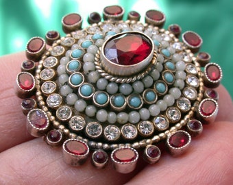 vintage antique deco austro hungarian sterling silver  pin brooch , many paste stones clear garnet turquoise color