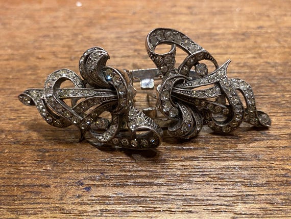 antique Vintage Art Deco Sliver Duette Dress Clip pin Brooch paste depose France (DDP paid by me) USA read View 2