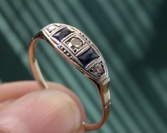 vintage antique deco art nouveau 18K gold platinum 3 genuine diamond + 2 blue lab sapphires ring free resize