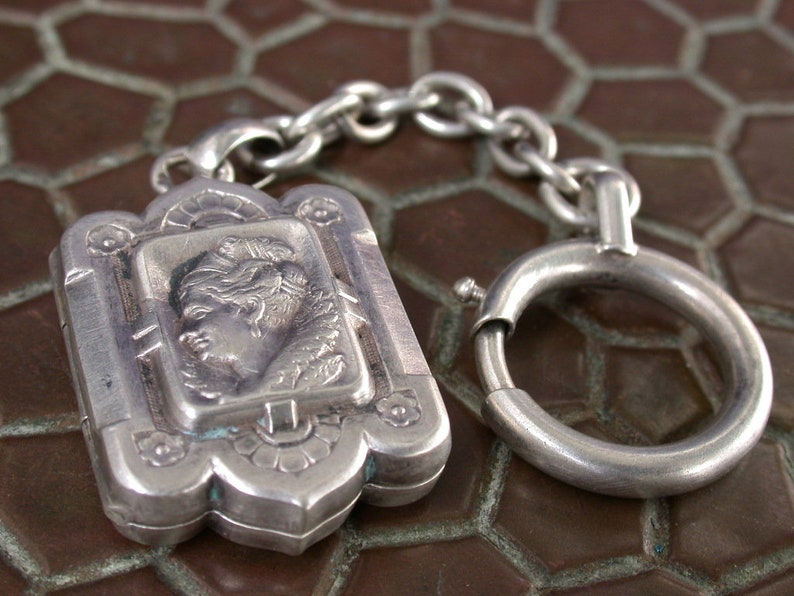 vintage antique deco victorian nouveau fob chatelaine key chain photo locket medal pendant with chain spring sterling silver french punch