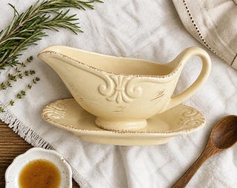 Vintage Cream Gravy Boat with Saucer | Farmhouse Kitchen Decor | Rustic Serving Dish | Shabby Chic Tableware | Neutral Kitchen Accent