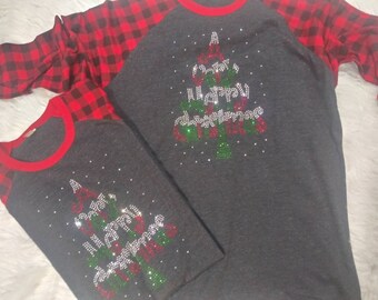 Rhinestone  "A Very Merry Christmas" Red Plaid Sleeve and Grey Body Baseball Tee Shirt